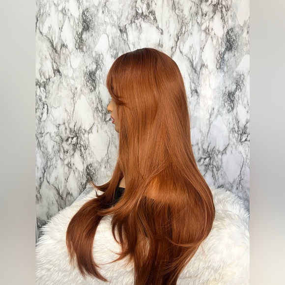 26” Daily Use Copper  Long Wavy Heat Resistant Fiber Full Wig With Bangs - Picture 10 of 13
